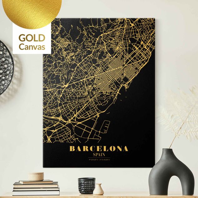 Lienzos blanco y negro Barcelona City Map - Classic Black