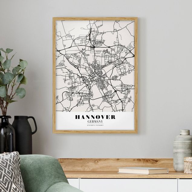 Pósters enmarcados en blanco y negro Hannover City Map - Classic