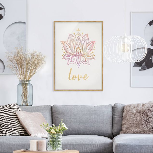 Cuadros románticos para dormitorios Lotus Illustration Love Gold Light Pink