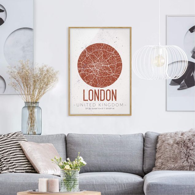 Pósters enmarcados en blanco y negro City Map London - Retro