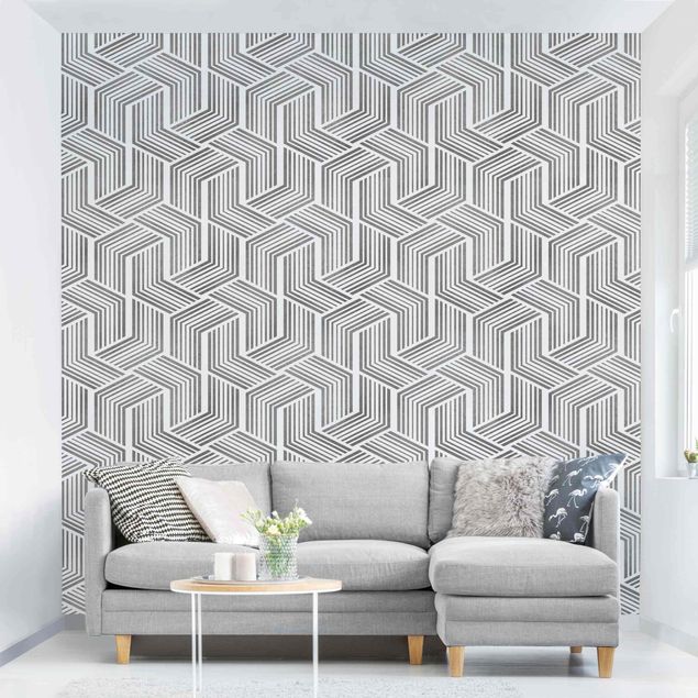 Papel pintado geométrico 3D Pattern With Stripes In Silver