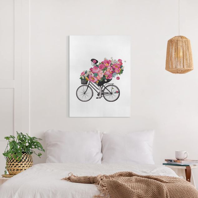 Cuadros en lienzo de flores Illustration Woman On Bicycle Collage Colourful Flowers