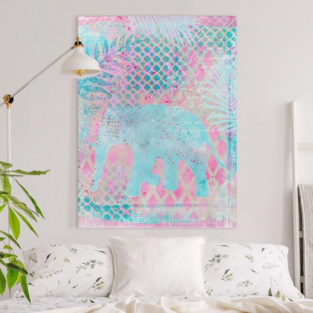Lienzos elefantes Colourful Collage - Elephant In Blue And Pink