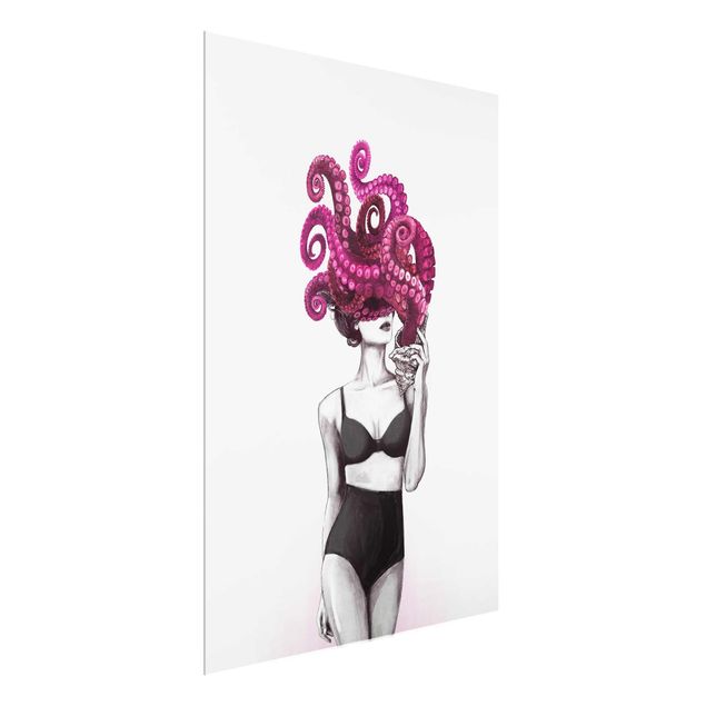 Cuadros de cristal desnudo y erótico Illustration Woman In Underwear Black And White Octopus