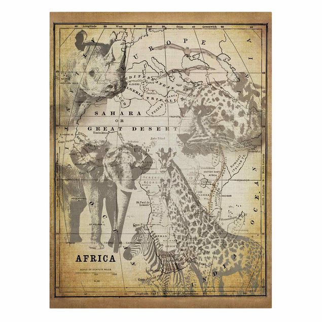 Lienzos de mapamundi Vintage Collage - Africa Wildlife