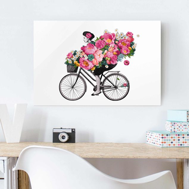 Tableros magnéticos de vidrio Illustration Woman On Bicycle Collage Colourful Flowers