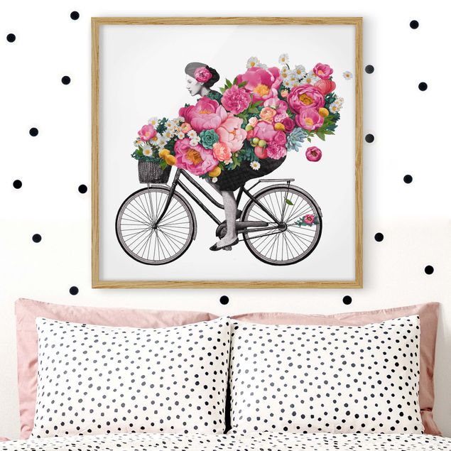 Decoración cocina Illustration Woman On Bicycle Collage Colourful Flowers