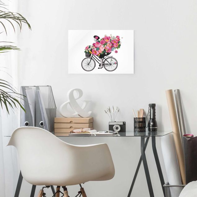 Cuadros de cristal flores Illustration Woman On Bicycle Collage Colourful Flowers