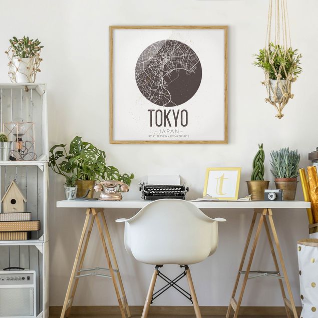 Pósters enmarcados en blanco y negro Tokyo City Map - Retro
