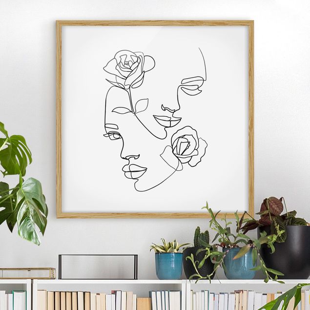 Pósters enmarcados de cuadros famosos Line Art Faces Women Roses Black And White