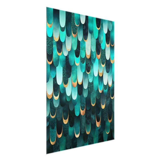 Cuadros de cristal abstractos Feathers Gold Turquoise