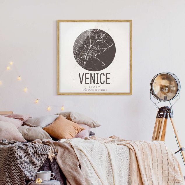 Pósters enmarcados en blanco y negro Venice City Map - Retro