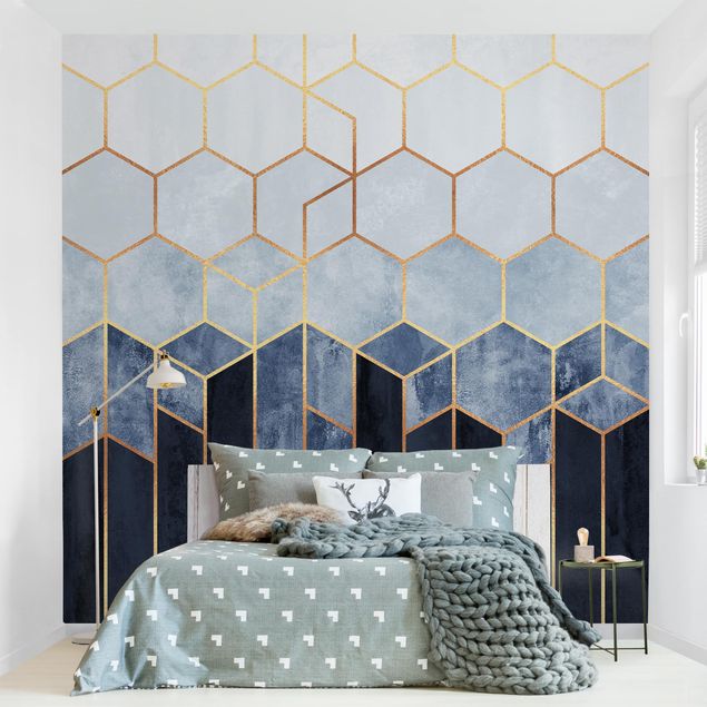 Papeles pintados geométricos Golden Hexagons Blue White