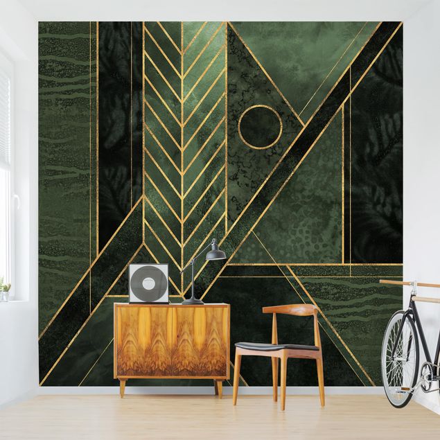 Papel pintado salón moderno Geometric Shapes Emerald Gold