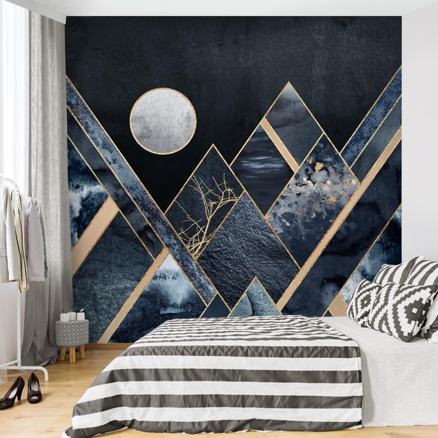 Papel pintado con patrones Golden Moon Abstract Black Mountains