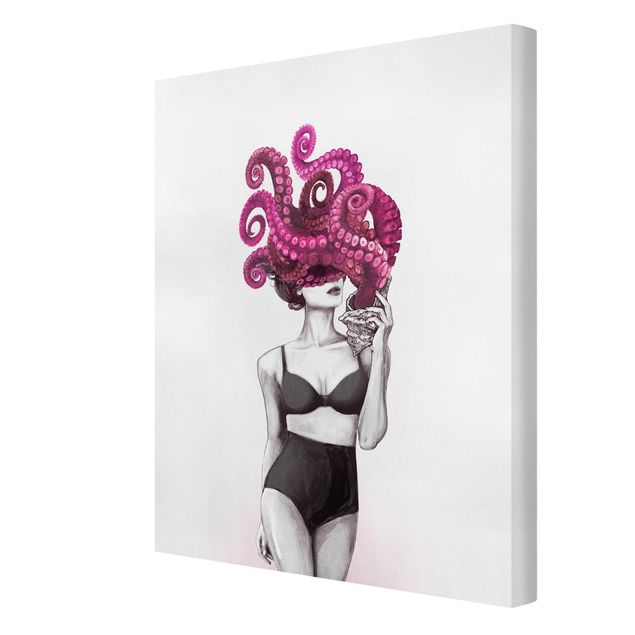 Lienzos blanco y negro Illustration Woman In Underwear Black And White Octopus