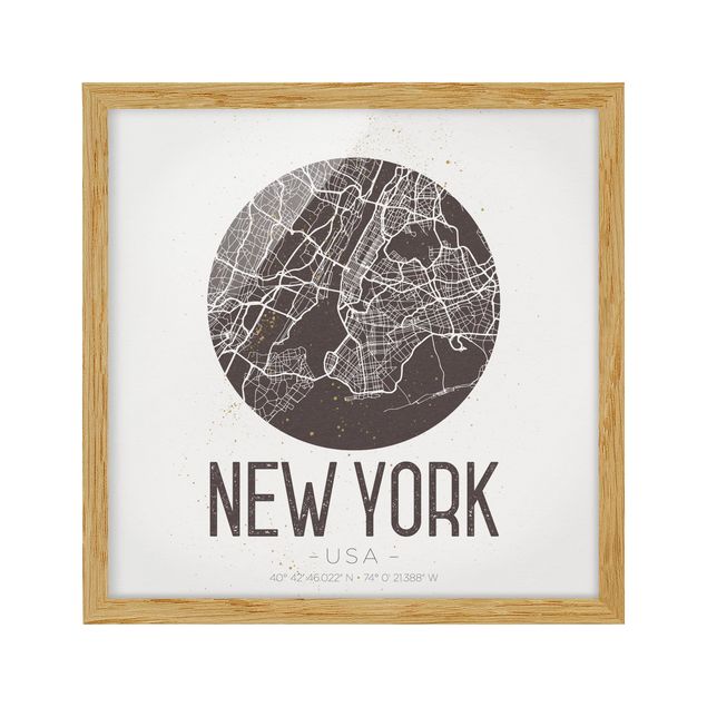 Pósters enmarcados de mapamundi New York City Map - Retro