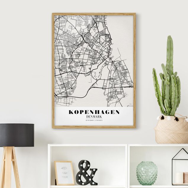 Pósters enmarcados en blanco y negro Copenhagen City Map - Classic