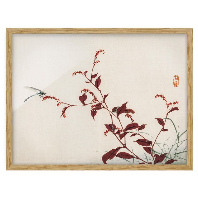 Cuadros flores Asian Vintage Drawing Red Branch With Dragonfly