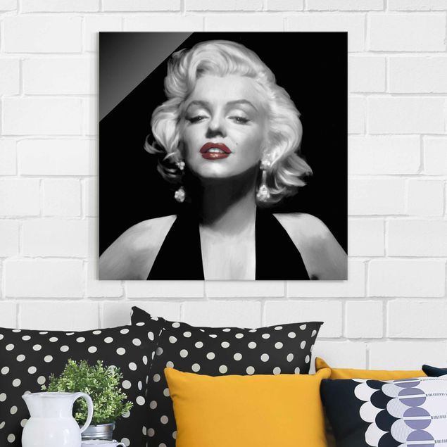 Cuadros de cristal blanco y negro Marilyn With Red Lips
