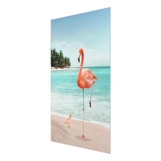 Cuadros de cristal flores Beach With Flamingo