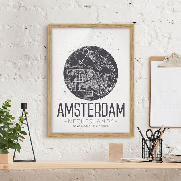 Pósters enmarcados en blanco y negro Amsterdam City Map - Retro