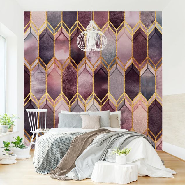 Papel pared geométrico Stained Glass Geometric Rose Gold
