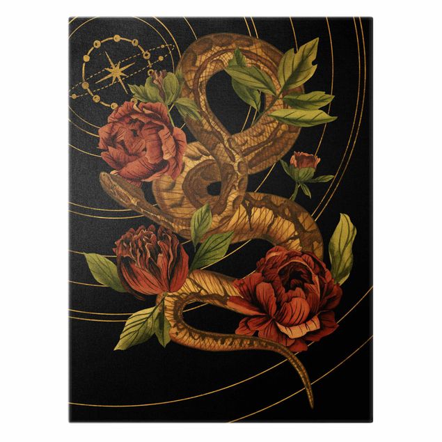 Lienzos Snake With Roses Black And Gold IV