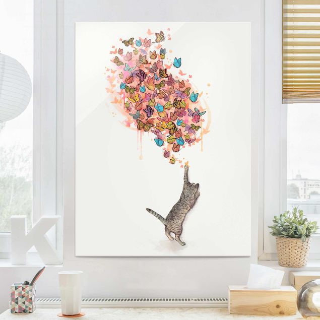 Cuadros Laura Graves Arte Illustration Cat With Colourful Butterflies Painting
