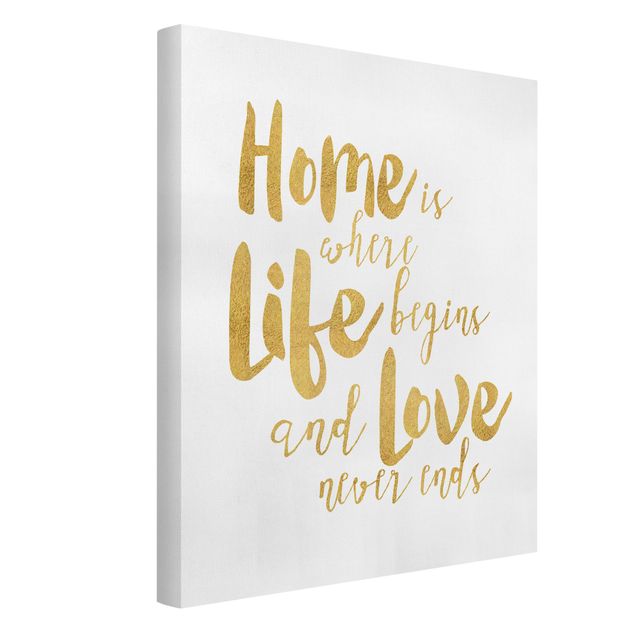 Lienzos frases Home Is Where Life Begins Gold