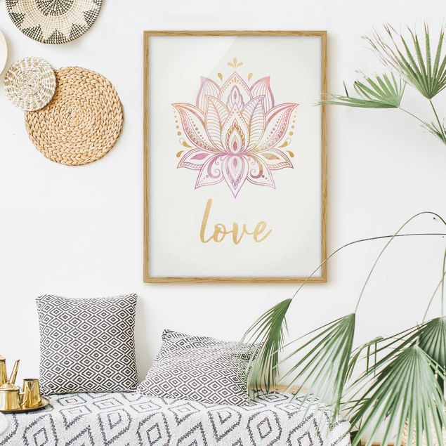 Pósters enmarcados con frases Lotus Illustration Love Gold Light Pink