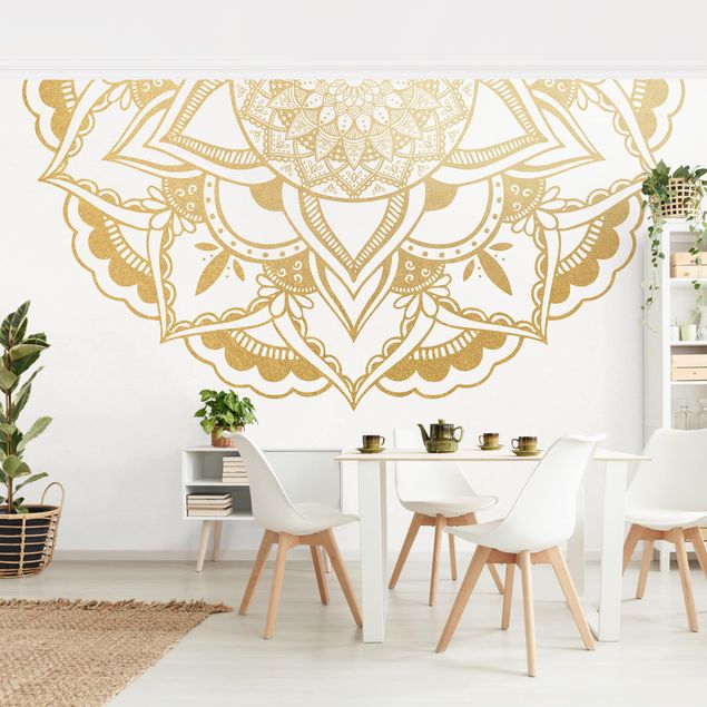 Papel pintado con patrones Mandala Flower Semicircle Gold White