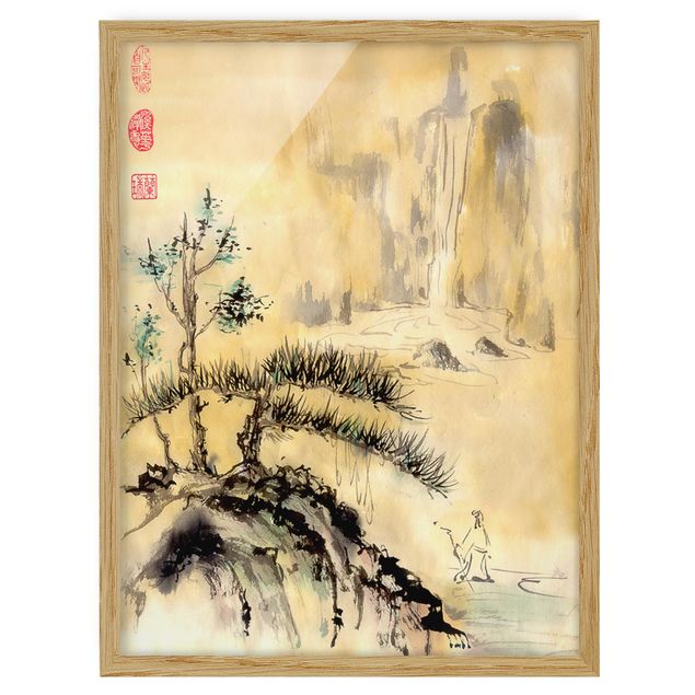 Cuadros de paisajes naturales  Japanese Watercolour Drawing Cedars And Mountains