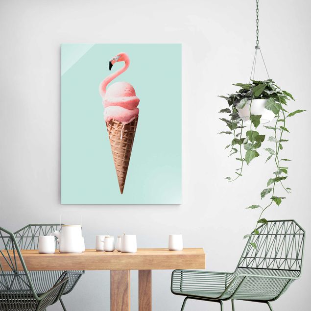 Cuadros de cristal animales Ice Cream Cone With Flamingo