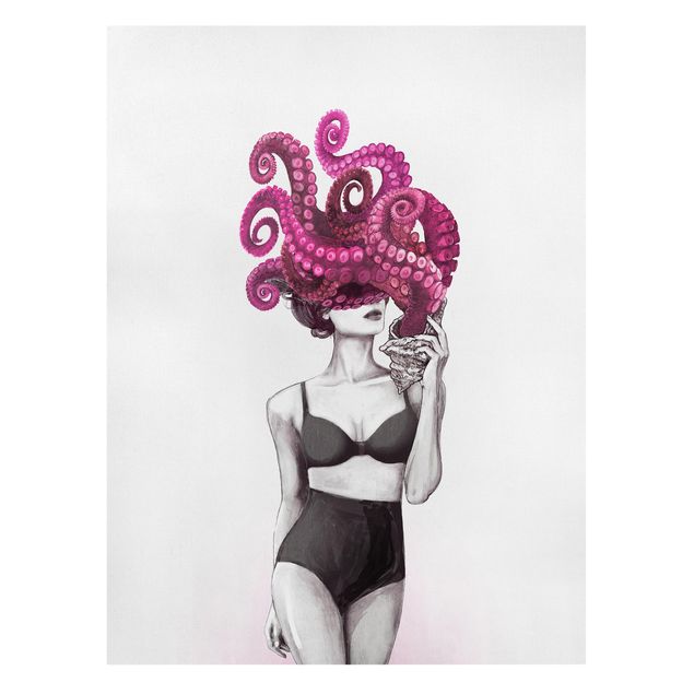 Cuadros eróticos Illustration Woman In Underwear Black And White Octopus