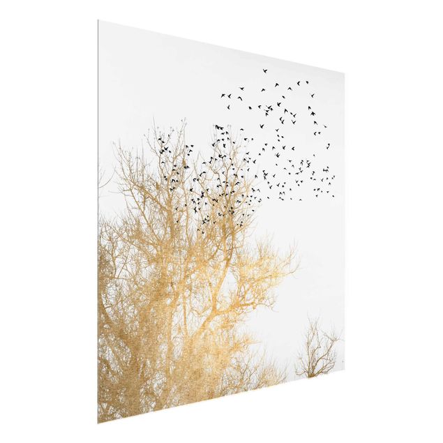 Cuadros de cristal paisajes Flock Of Birds In Front Of Golden Tree