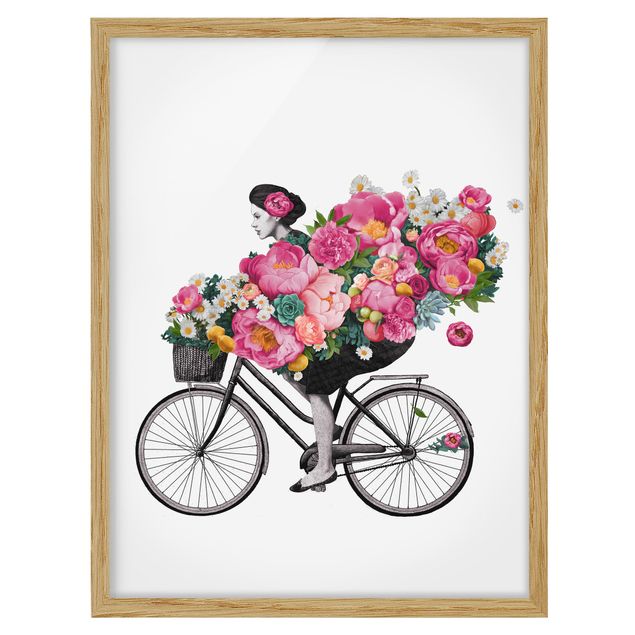 Cuadros flores Illustration Woman On Bicycle Collage Colourful Flowers