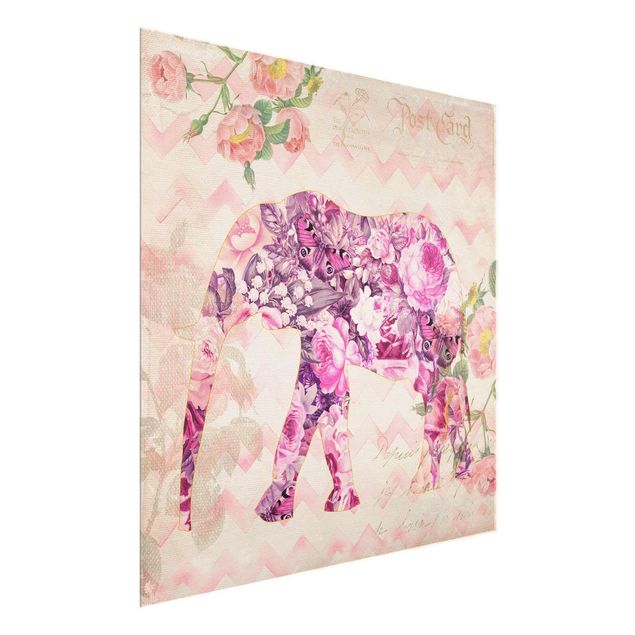 Cuadros de mariposas modernos Vintage Collage - Pink Flowers Elephant
