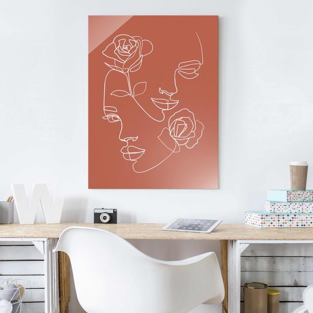Cuadros de cristal rosas Line Art Faces Women Roses Copper