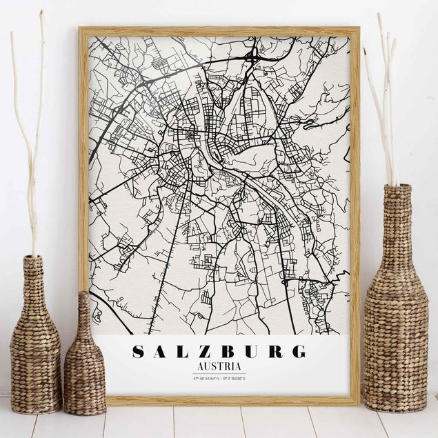 Pósters enmarcados en blanco y negro Salzburg City Map - Classic