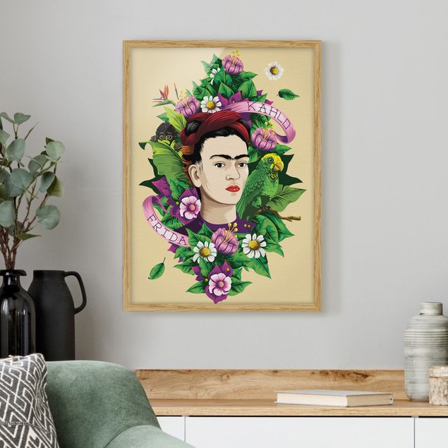 Pósters enmarcados de cuadros famosos Frida Kahlo - Frida, Monkey And Parrot