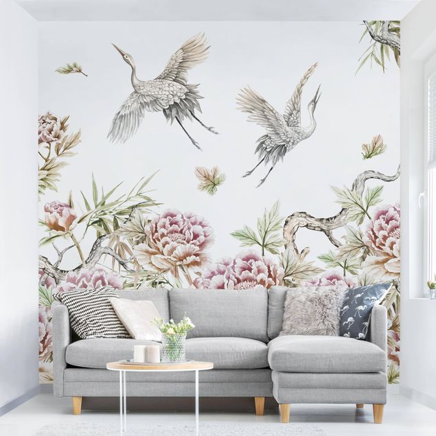 Decoración en la cocina Watercolour Storks In Flight With Roses