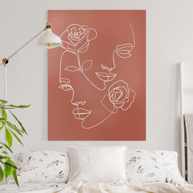 Cuadro rojo Line Art Faces Women Roses Copper