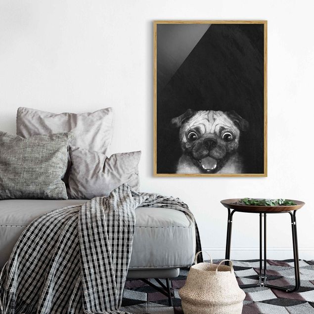 Cuadros con perritos Illustration Dog Pug Painting On Black And White
