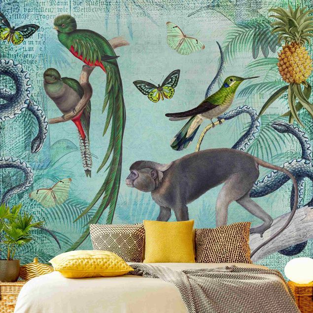 Papel pintado flores Colonial Style Collage - Monkeys And Birds Of Paradise