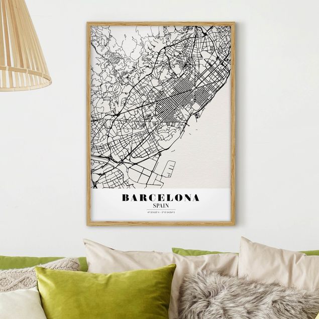 Pósters enmarcados en blanco y negro Barcelona City Map - Classic