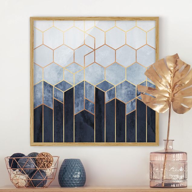 Pósters enmarcados de cuadros famosos Golden Hexagons Blue White