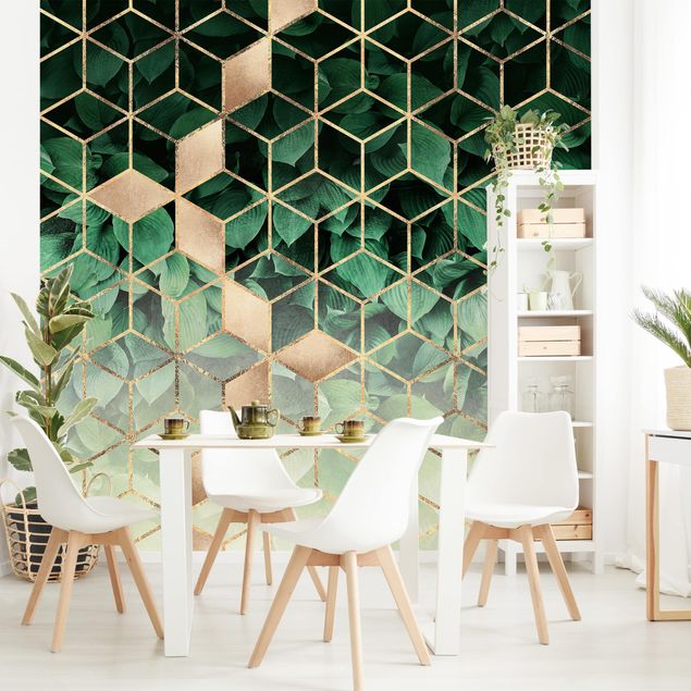 Papel pared geométrico Green Leaves Golden Geometry