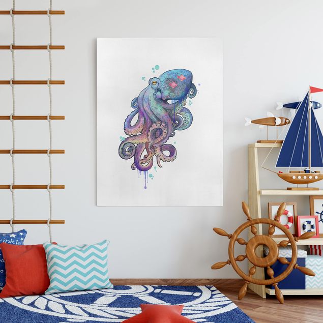 Lienzos de peces Illustration Octopus Violet Turquoise Painting