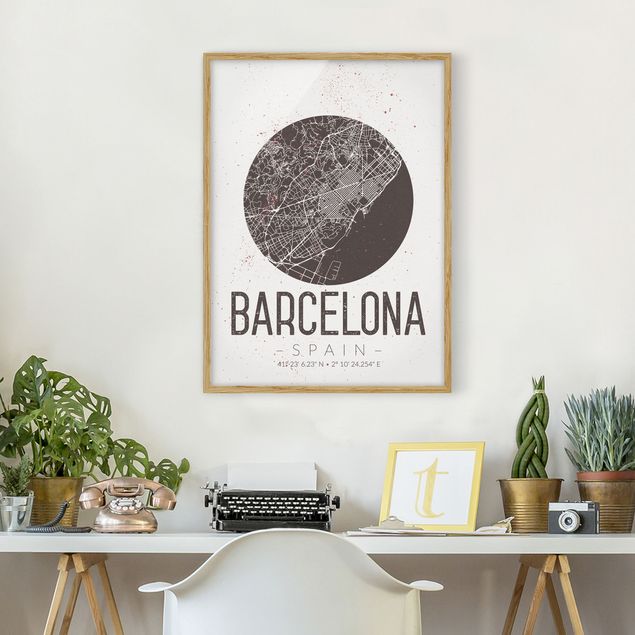 Pósters enmarcados en blanco y negro Barcelona City Map - Retro